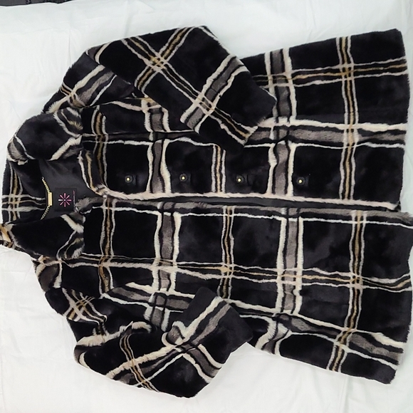 ISAAC MIZRAHI LIVE Faux Fur Dress Coat plaid, long Sz L - Picture 5 of 8
